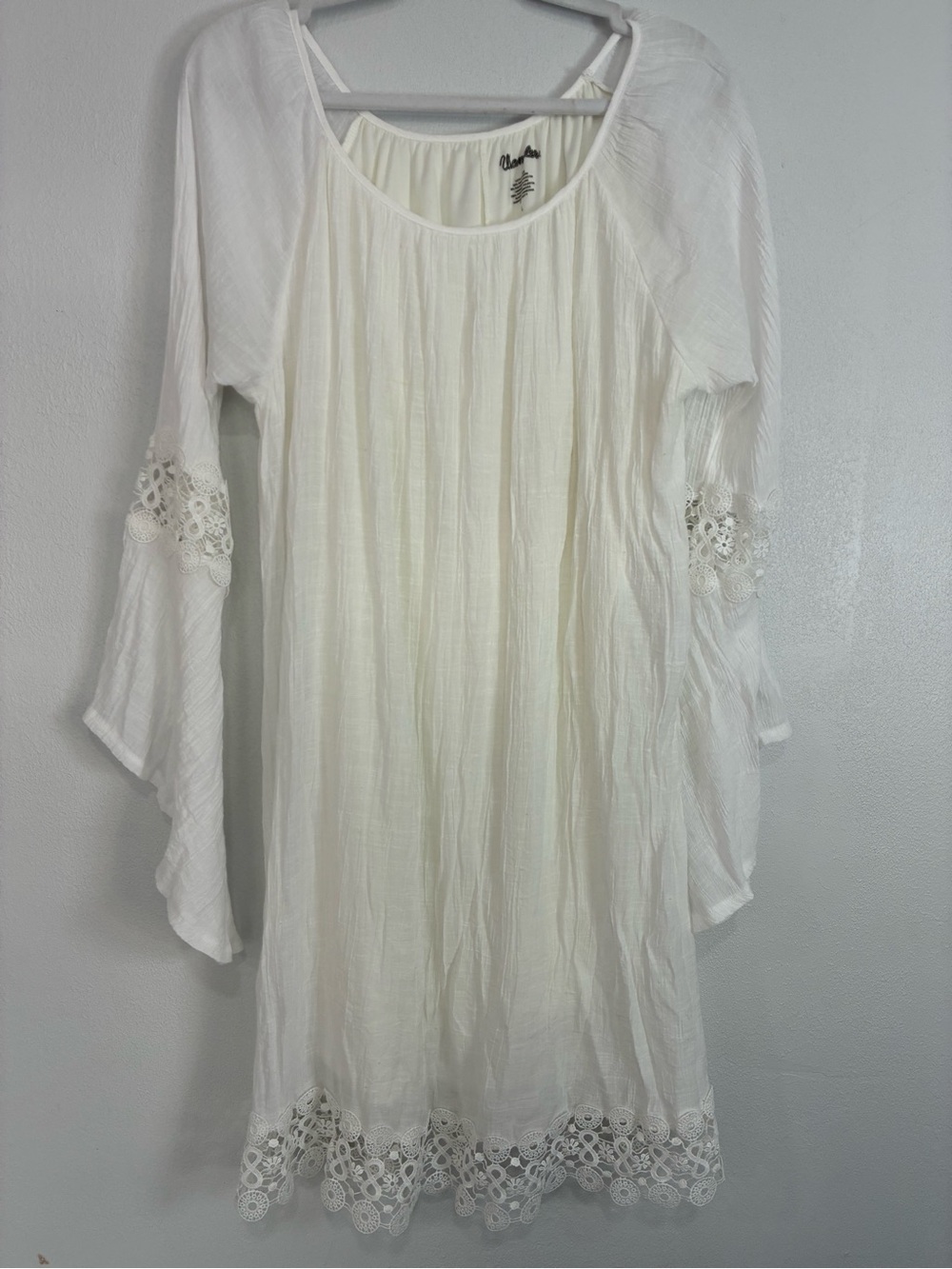 Wrangler White Crinkle Peasant Knee Length Dress with Lace Details, Bell Sleeves